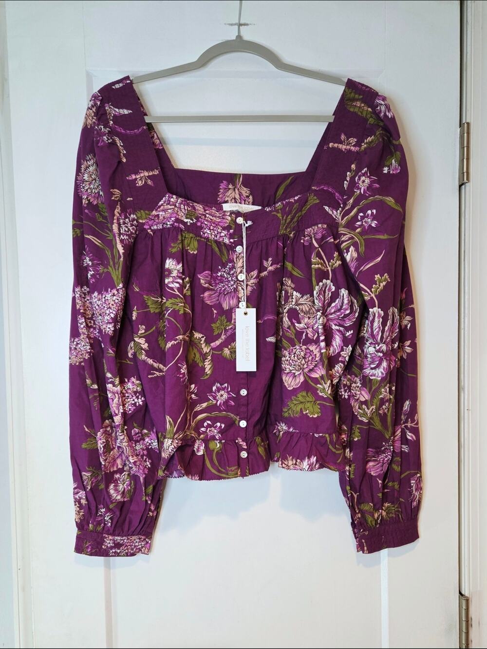 Love The Label NWT Purple Floral Square Neck Cotton Blouse L